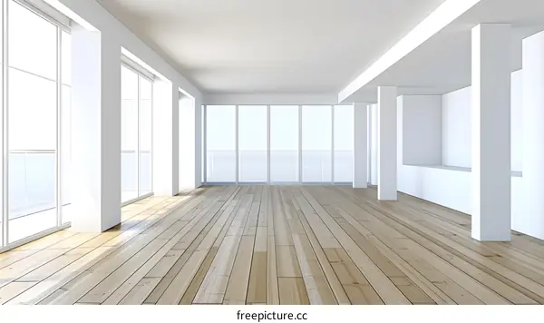 Empty Modern Living Room With Large Windows and Wooden Floor