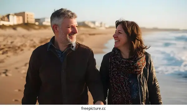 Couple Walking On The Beach With The Ocean In The Background