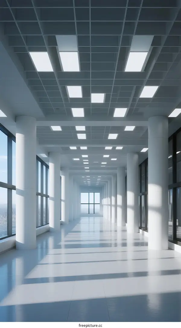 Modern office corridor with bright lighting and glass windows