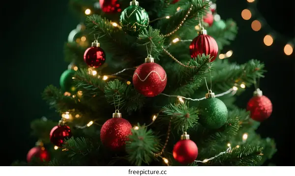 Festive Christmas Tree Decorated with Colorful Balls and Lights
