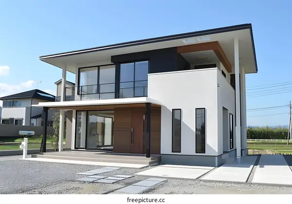 Modern Two Story House with White Facade and Wooden Accents