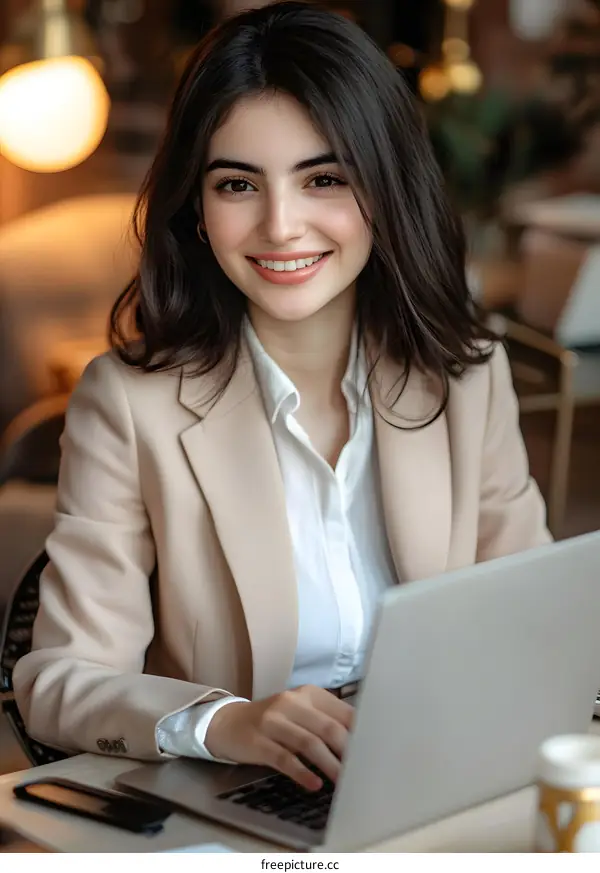 Smiling Businesswoman Working on Laptop in Cafe