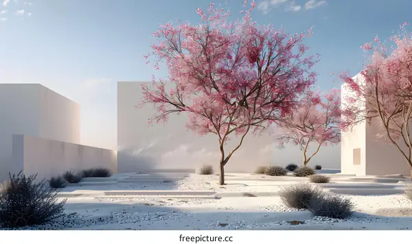 Minimalist White Architecture With Pink Blossoms