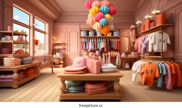 A 3D rendering of a colorful children's clothing store with clothes on shelves and racks and a pink theme.