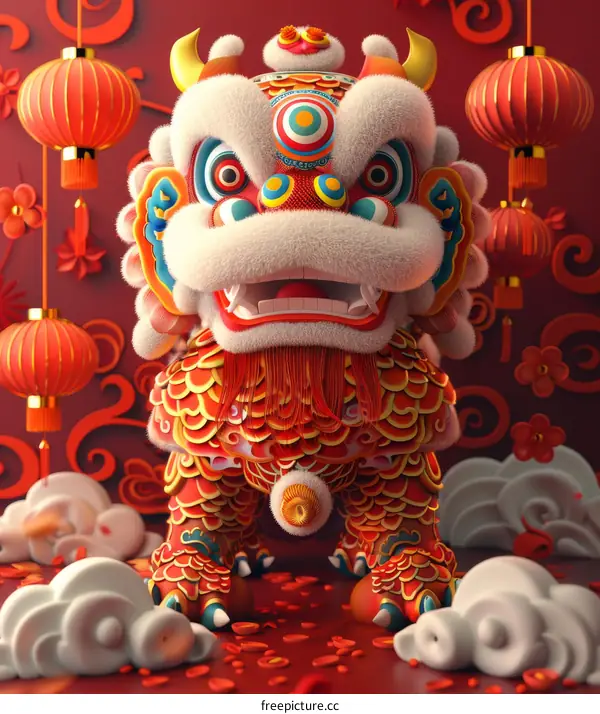 Festive Chinese Lion Dance Costume 3D Illustration