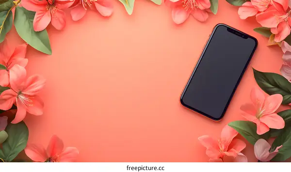 Smartphone Mockup With Peach Flowers On A Coral Background