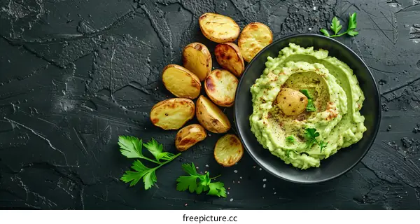 Black Stone Plate with Creamy Avocado Spread and Roasted Potatoes