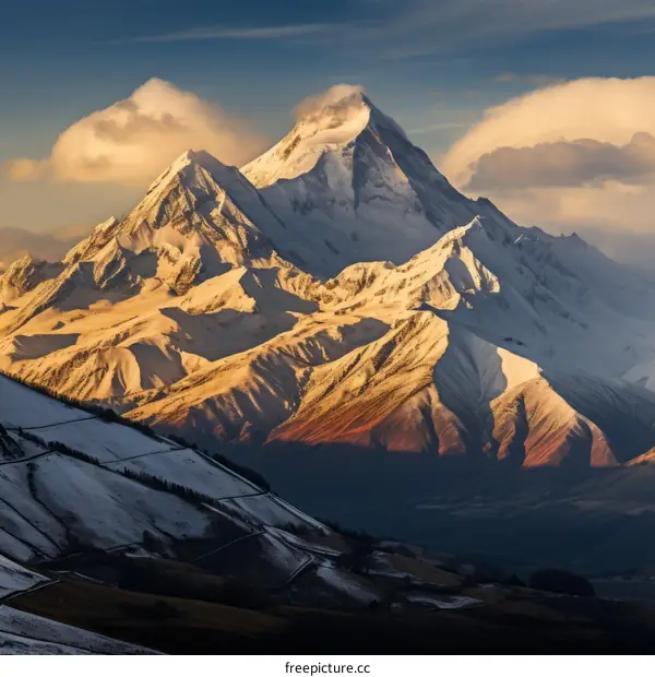 Snow-capped Mountain Peaks at Sunset