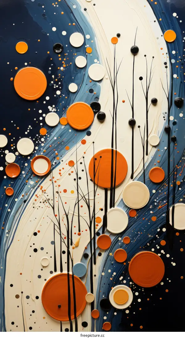 Abstract Acrylic Painting with Orange Circles and Black Tree Branches