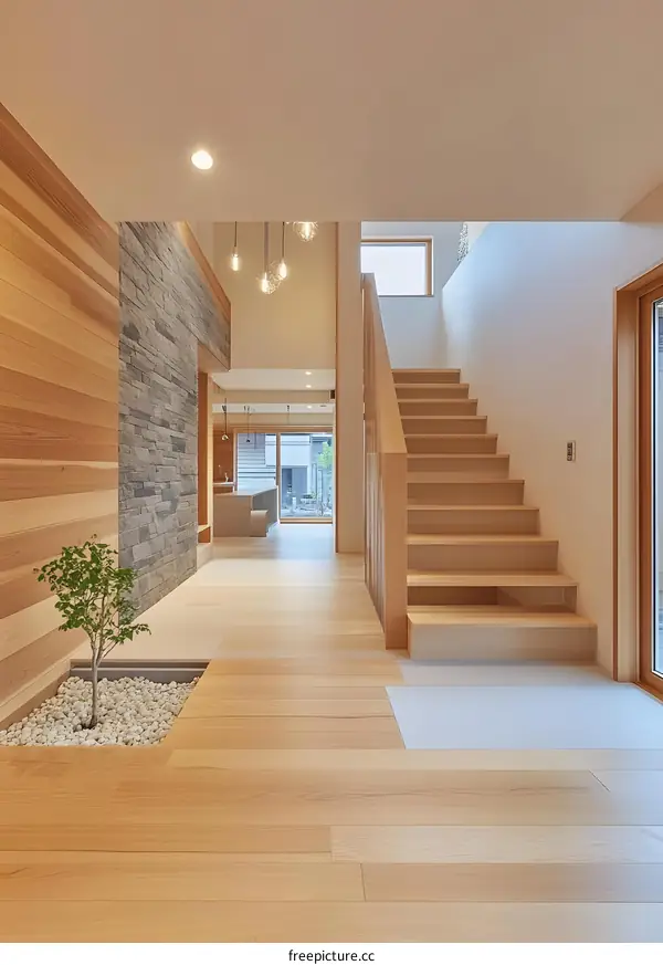Modern Minimalist Interior Design With Wooden Stairs And Stone Wall