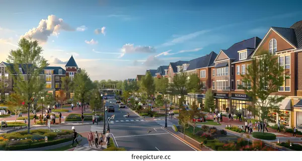 A rendering of a mixed-use development with people walking around