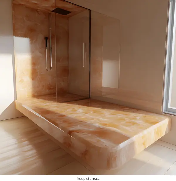 Modern Bathroom Shower Stall with Glass Walls and Marble Floor