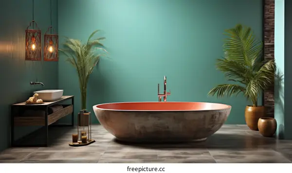 Bathroom with a red bathtub and green walls