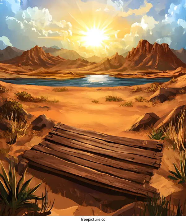 Sunset over Desert Landscape with Wooden Plank