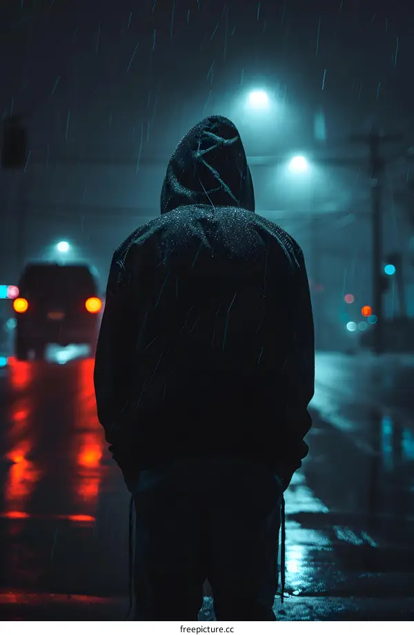 Rainy Night Street Silhouette of Person with Back Turned
