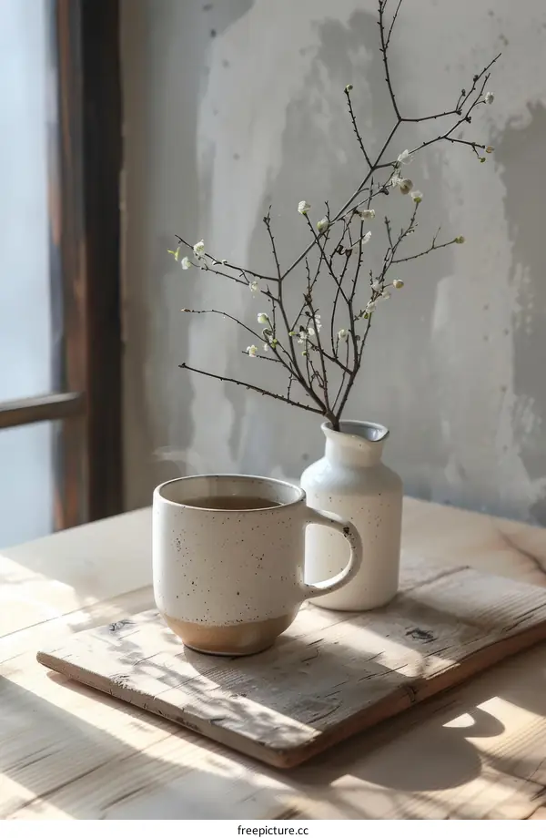 White ceramic cup and vase on a wooden table near the window