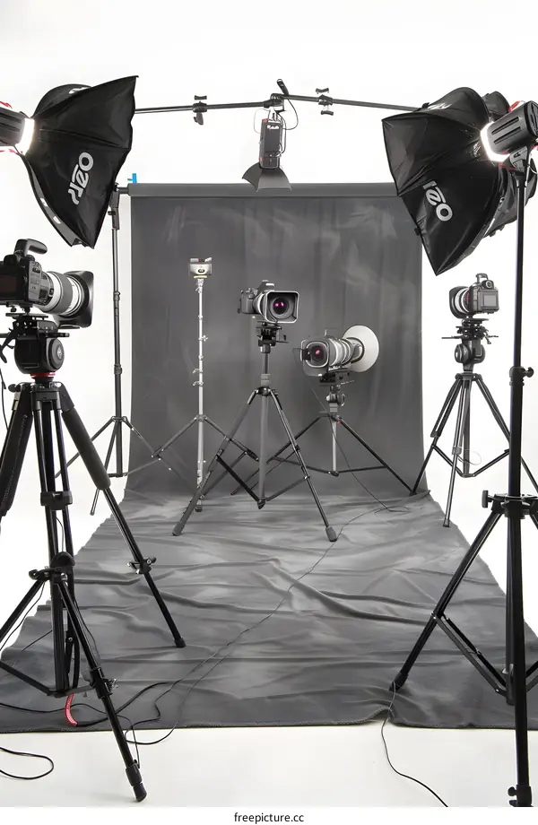 Professional Studio Setup with Multiple Cameras and Lighting Equipment