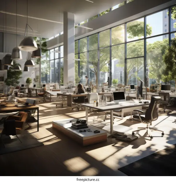 The modern office space is full of light and greenery