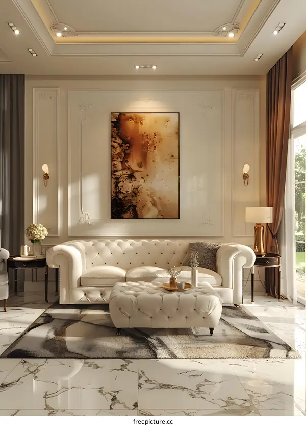 Luxury Living Room Interior Design With White Sofa And Ottoman