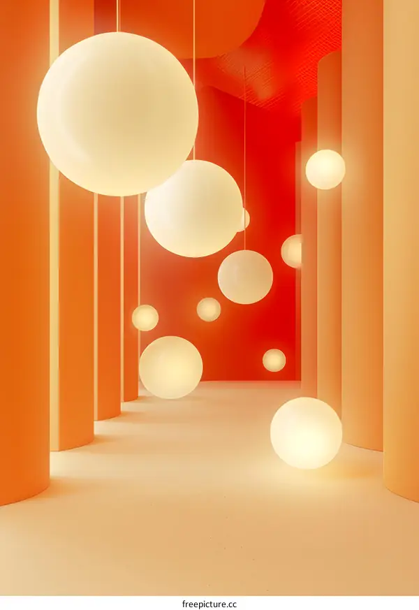 Orange and White Abstract Interior Design with Round Lights