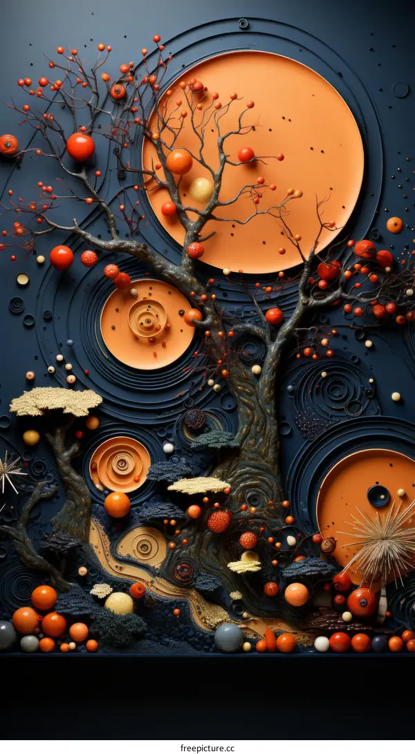 A Surreal Forest with Orange Trees and Blue Background