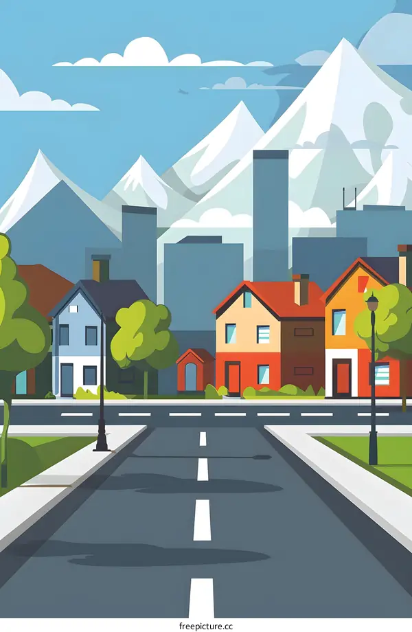 Cartoon Illustration of a Cityscape with Mountains in the Background