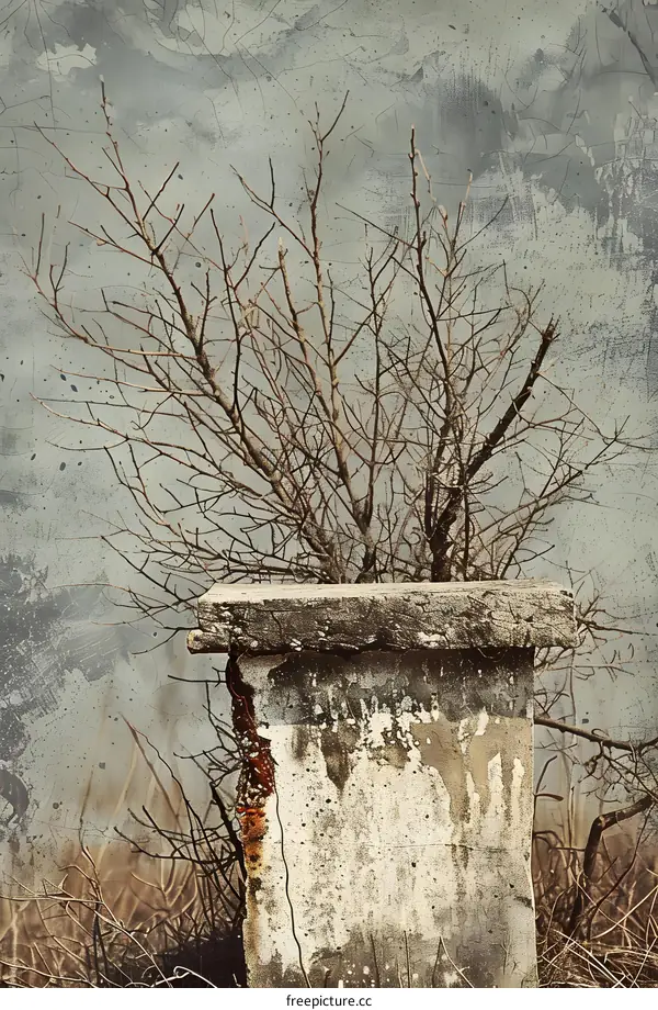 Old Concrete Pillar with Bare Branches