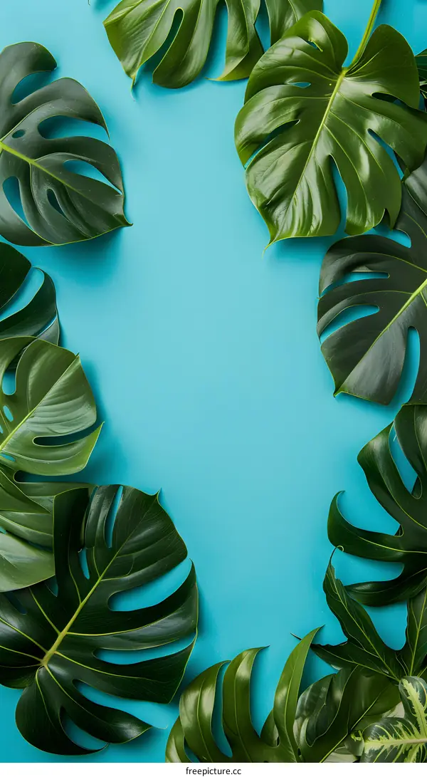 Tropical Monstera Leaves on Blue Background