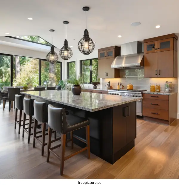 Modern kitchen interior design with large island and vaulted ceiling