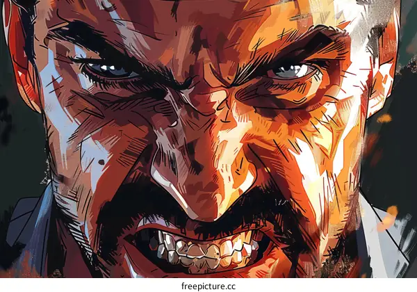 Close up of a mans face with a beard and mustache, his eyes are wide and he looks like he is yelling