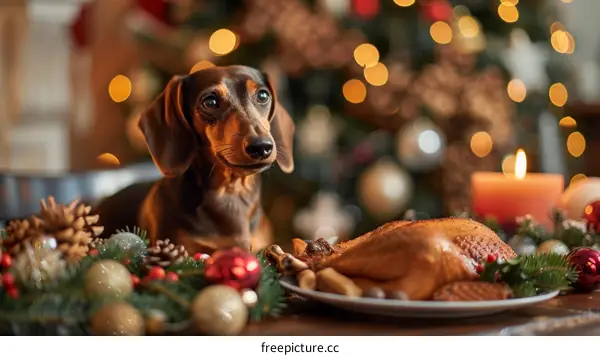 dachshund dog sitting beside a plate of roasted chicken with christmas decorations in the background