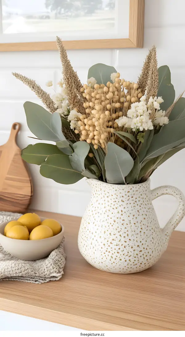 Dried Flower Arrangement in White Ceramic Pitcher