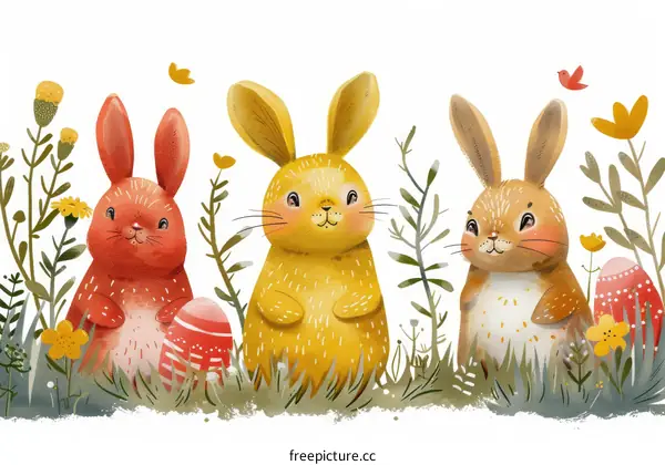 Three Cute Easter Bunnies in a Field of Flowers