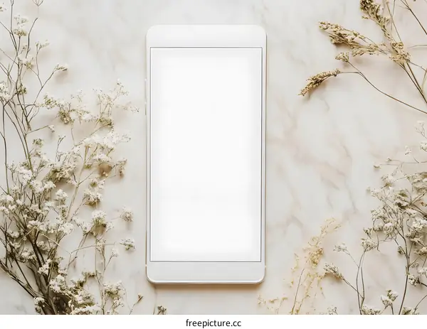 Flatlay Mockup with White Phone on Marble Background and Dried Flowers