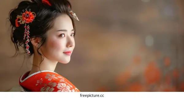 Japanese Woman in Traditional Kimono with Floral Hair Ornament
