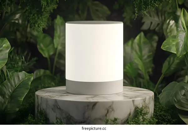 White Cylinder Lamp Mockup On Marble Pedestal Surrounded By Lush Green Foliage