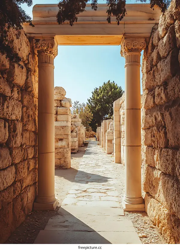Ancient Ruins with Stone Columns and Pathway
