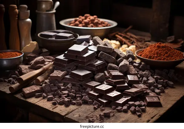 A variety of dark chocolate pieces on a wooden table