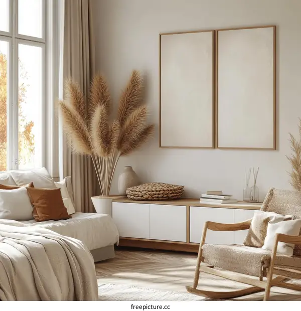 Bohemian Bedroom Interior Design with Empty Artwork