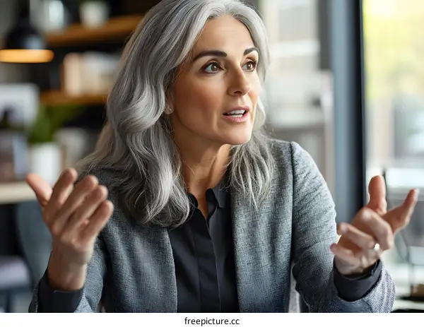 Business Woman with Gray Hair Talking in Meeting
