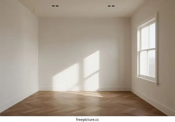 Empty room with white walls and herringbone wooden floor