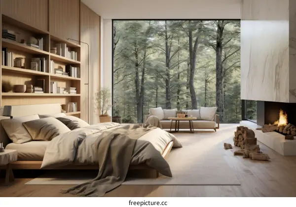 Modern bedroom interior design with large windows and a view of the forest