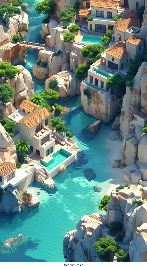Tropical Island with Houses and Turquoise Water