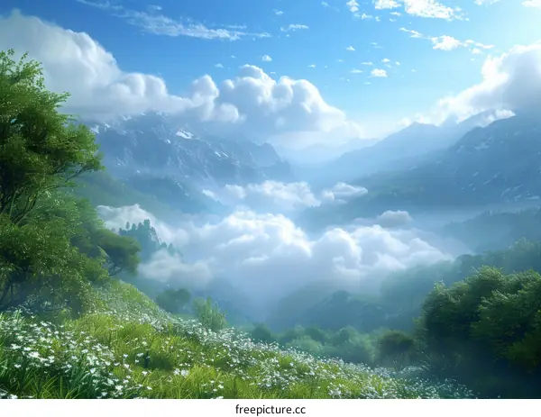 Natural beauty of mountains, water, flowers, and sky