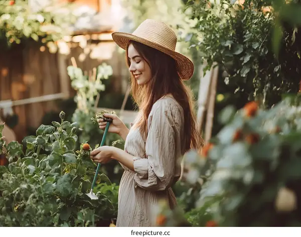Woman in a Straw Hat Tending to a Garden