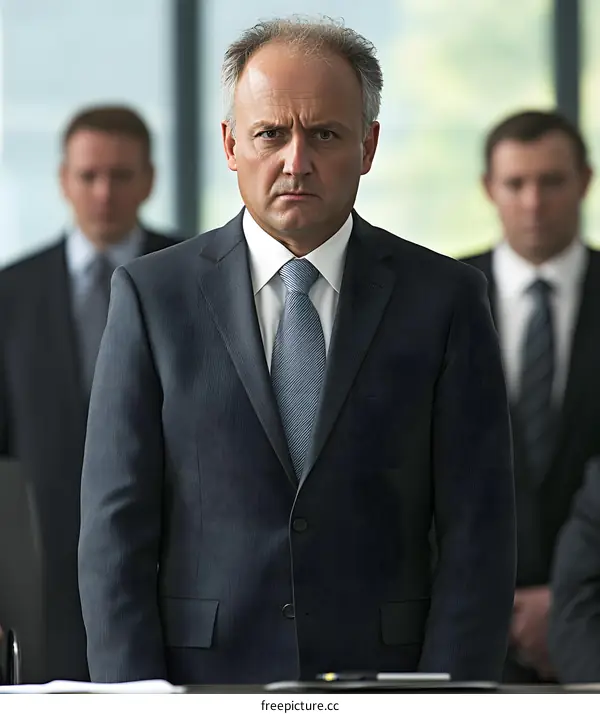 Serious Businessman in Suit Standing in Front of Other Businessmen