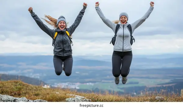 Two Caucasian Women Jumping for Joy on a Mountain