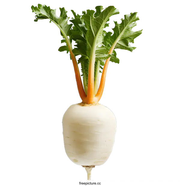 [Transparent Background PNG]Fresh White Radish with Green Leaves Isolated on White Background