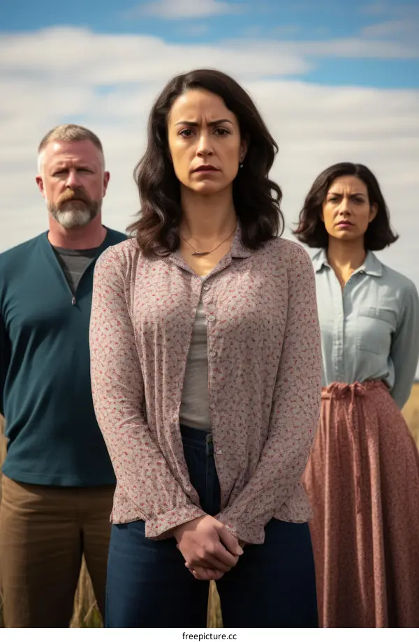 Three people standing in a field looking at the camera