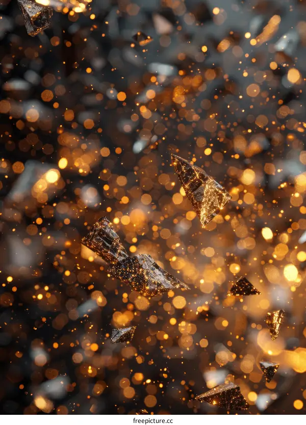 Black and gold 3D illustration of asteroids floating in space